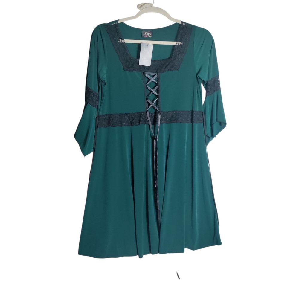 Dare to‎ Wear Green Gothic Victorian Lace Up Tunic Dress Bell Sleeve 1671